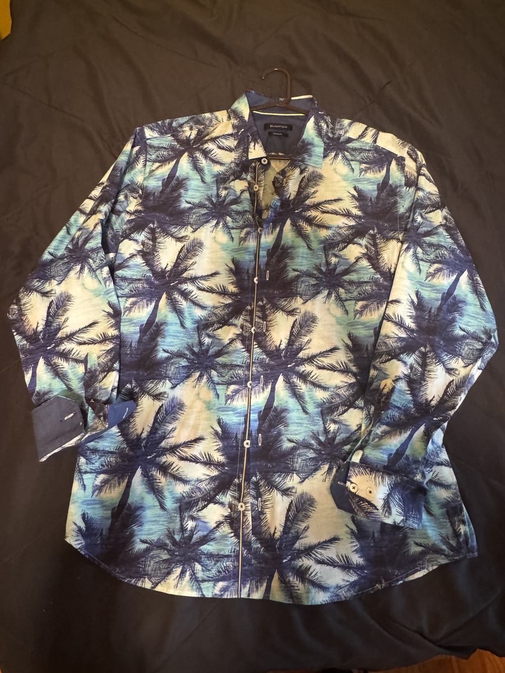 Bugatchi Blue and White Palm-Print Casual Button-Down Shirt